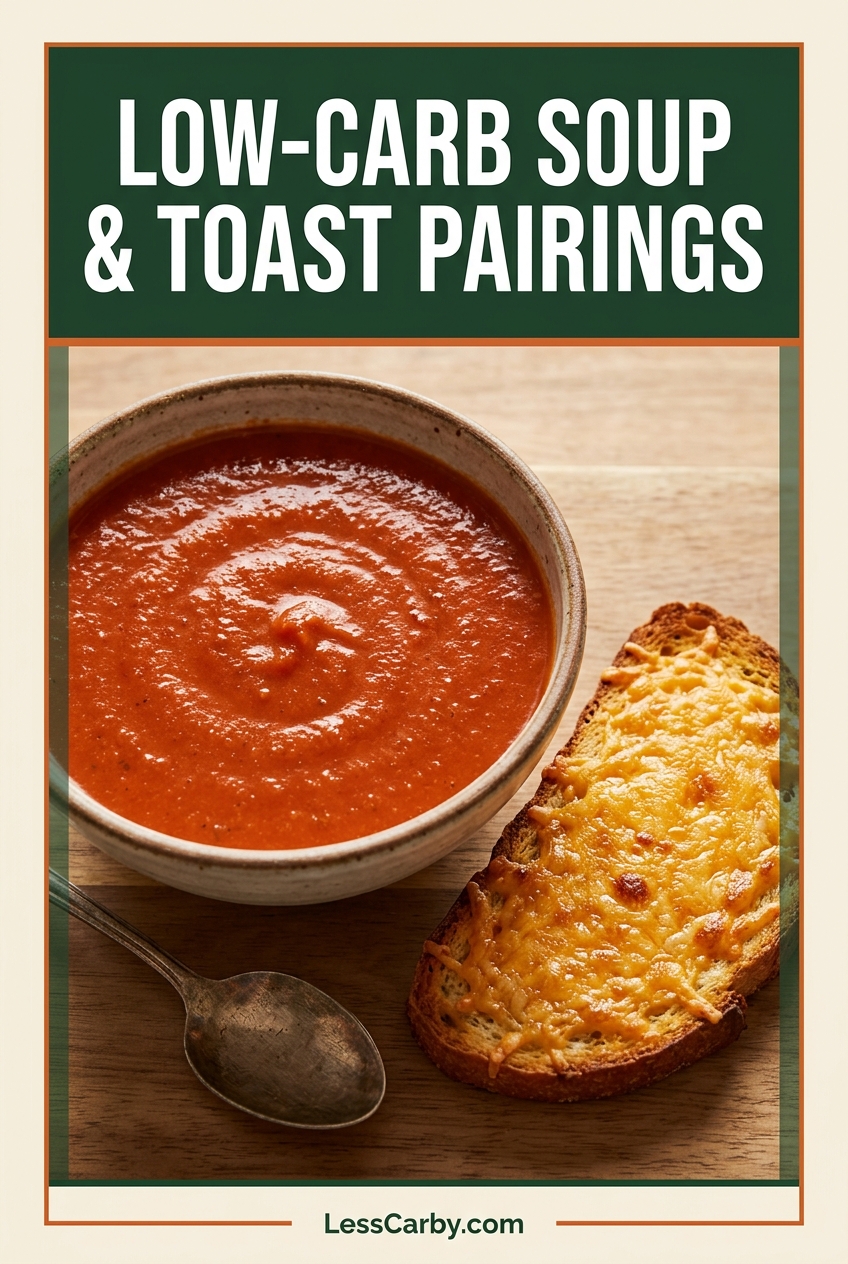 A bowl of creamy soup beside toast with text reading Low-Carb Soup & Toast Pairings