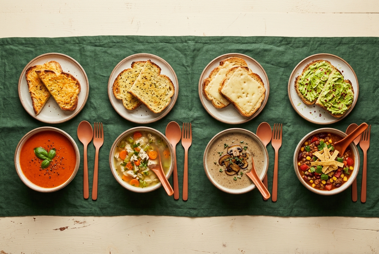 Four bowls of soup paired with garlic-cheddar, herb, Swiss, and avocado-lime low-carb toast
