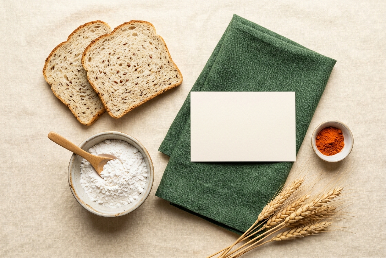 Low-carb bread slices with wheat and a blank nutrition-label card for ingredient comparison