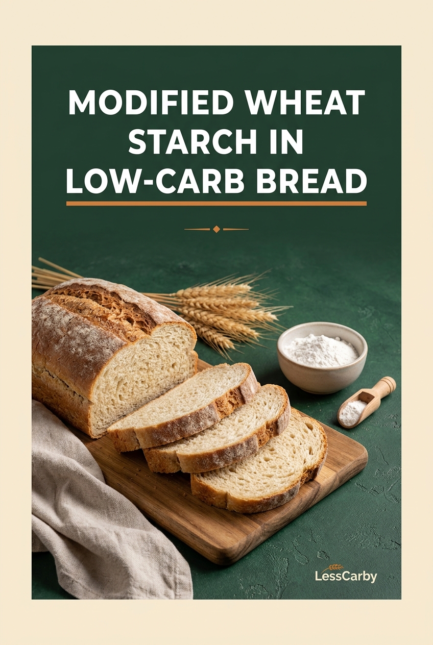 Pinterest graphic reading Modified Wheat Starch in Low-Carb Bread above sliced bread and wheat