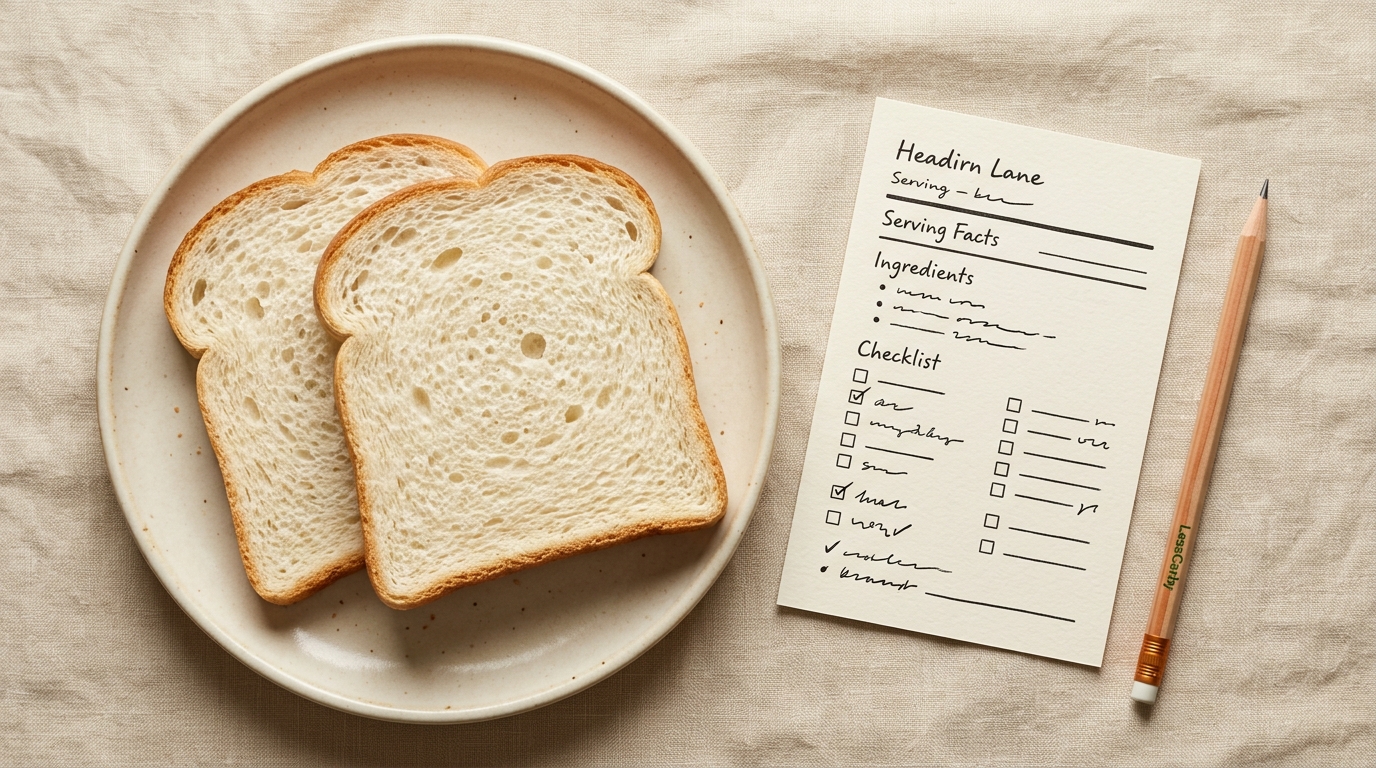 Generic low-carb white bread slices beside a label-checking notebook
