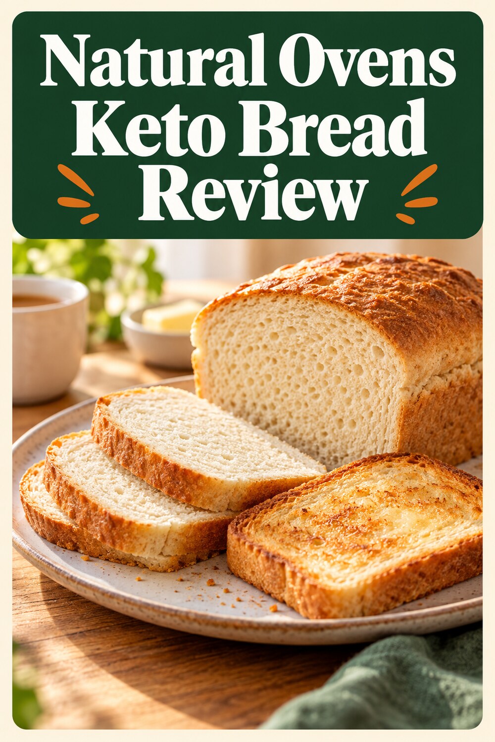 Natural Ovens keto bread review Pinterest graphic with generic sliced white bread