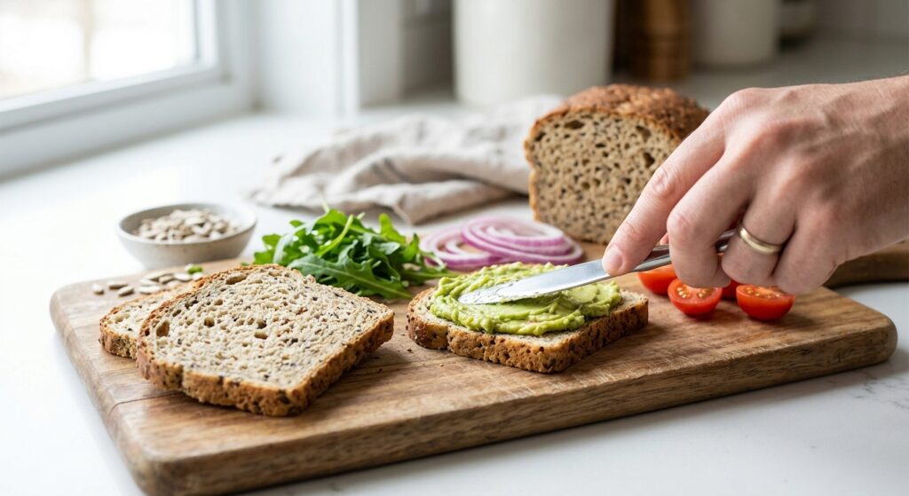 Pan con semillas y aguacate para preparar una tostada.