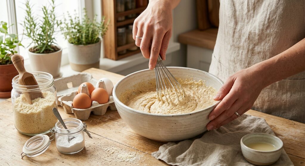 Mezcla de ingredientes para preparar pan con harina de almendra.