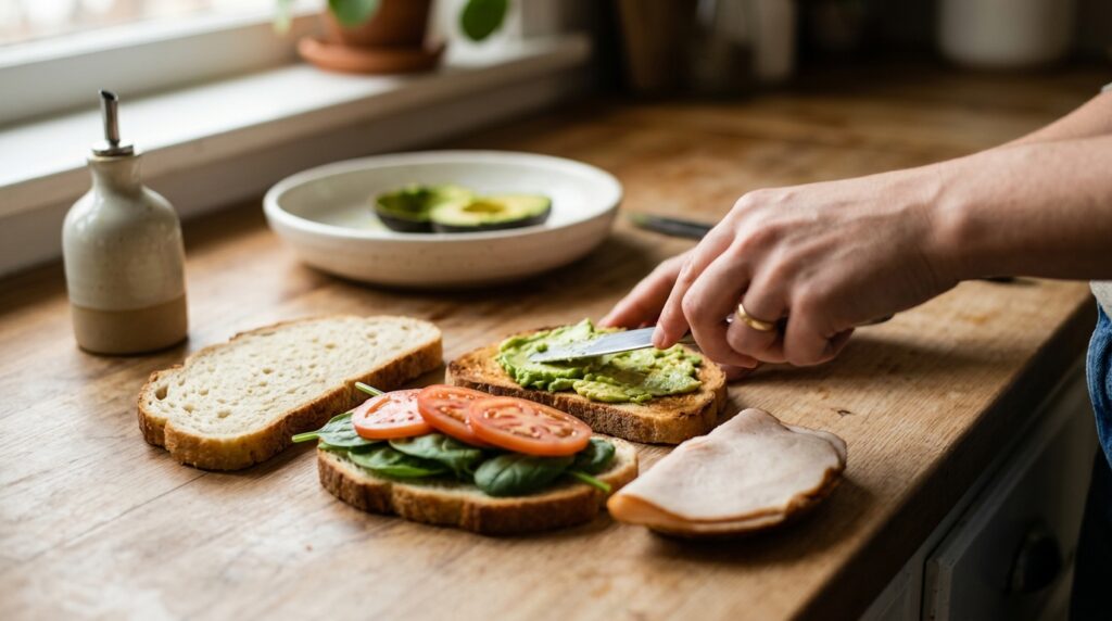 Preparación de un sándwich de pan blanco con verduras.