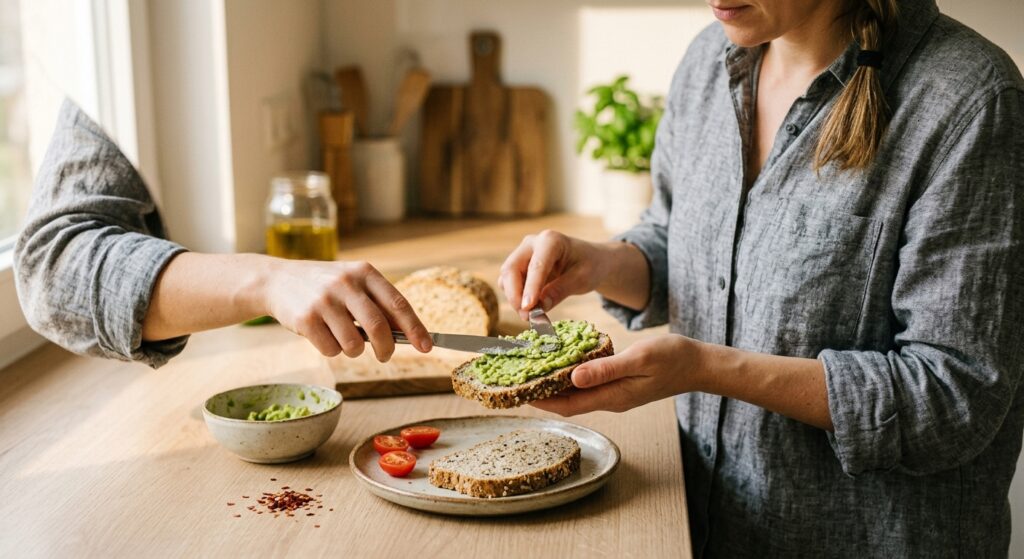 Preparación de una tostada con aguacate y pan con semillas.
