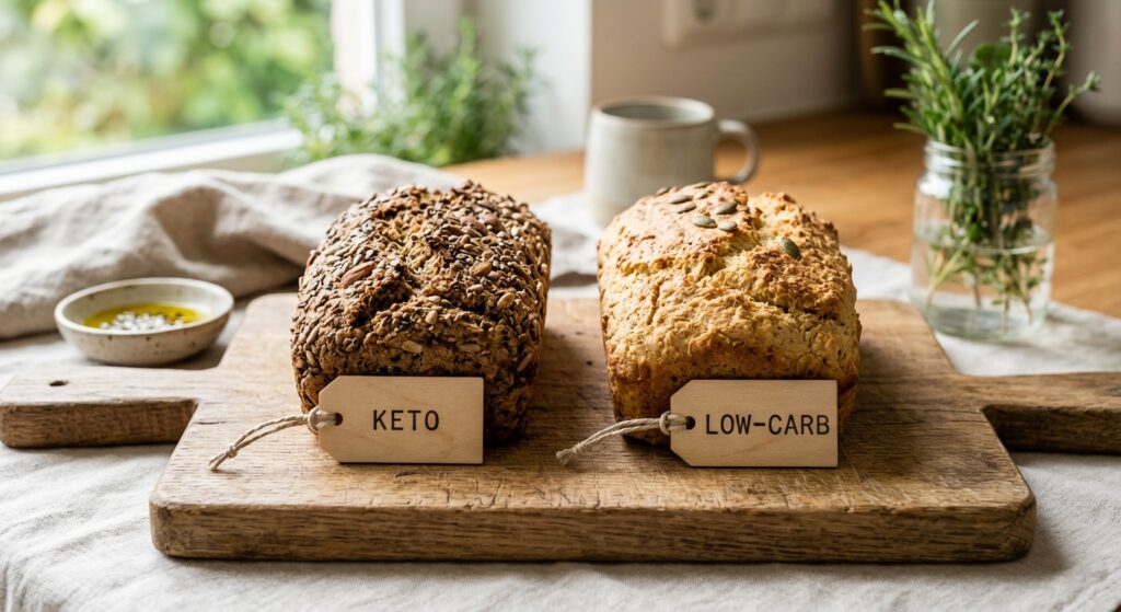 Ilustración de panes identificados como keto y low-carb.