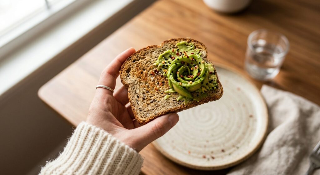 Una tostada con aguacate sostenida sobre una mesa