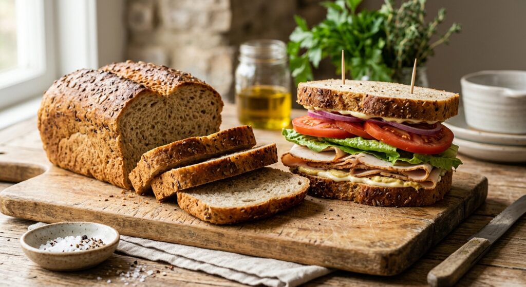 Sándwich de pavo, queso, lechuga y tomate junto a un pan rebanado