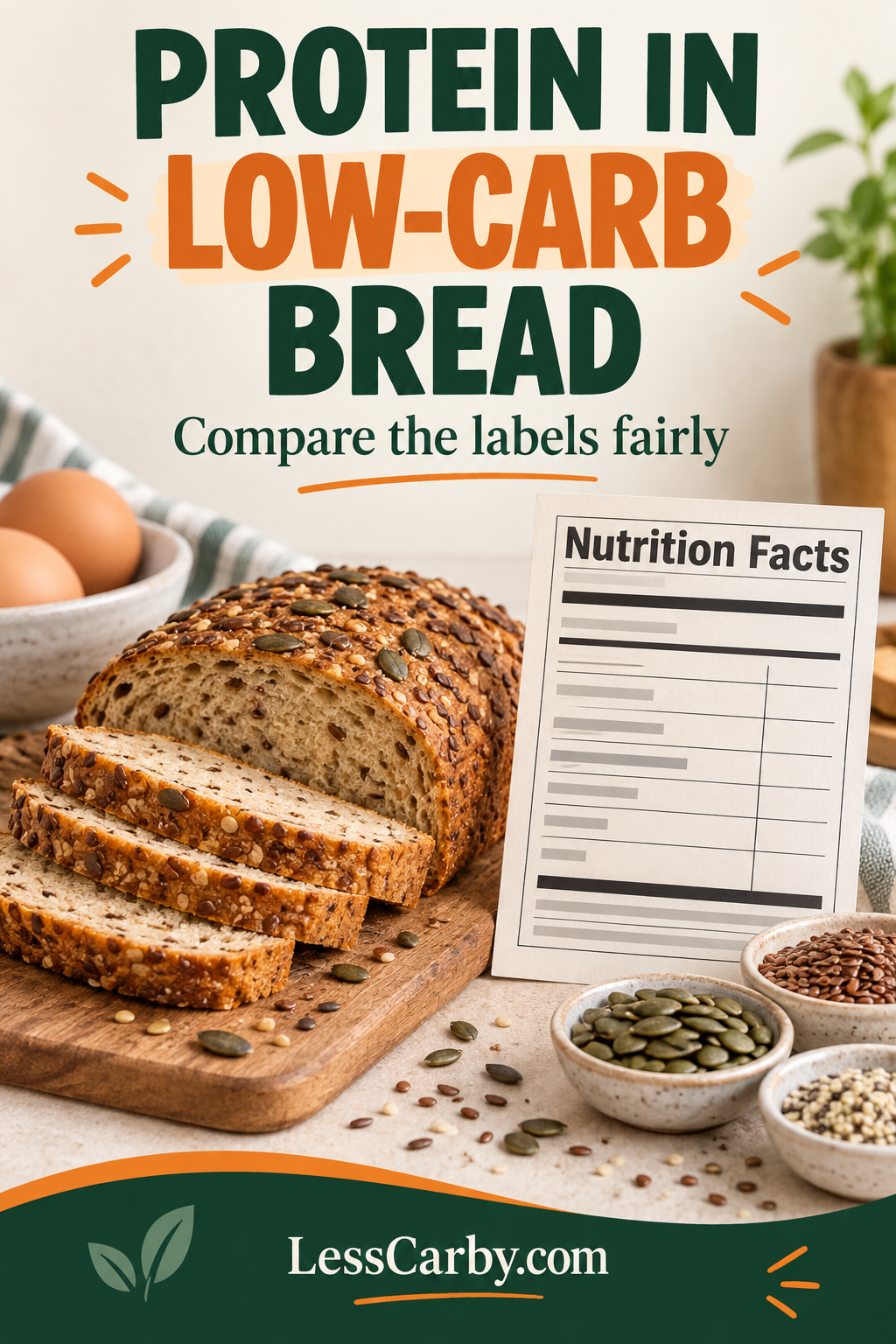 Seeded low-carb bread beside a blank nutrition label with the headline Protein in Low-Carb Bread