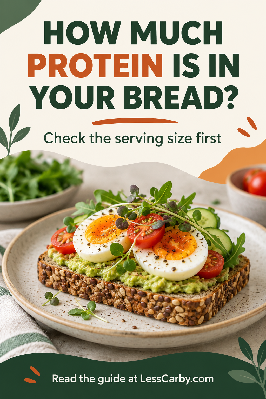 Open seeded bread sandwich with egg and vegetables and the headline How Much Protein Is in Your Bread?