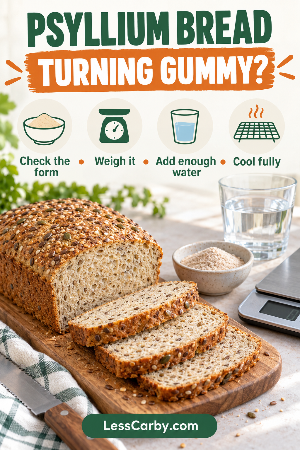 Psyllium bread turning gummy? Check the form, weigh it, add enough water, and cool fully.