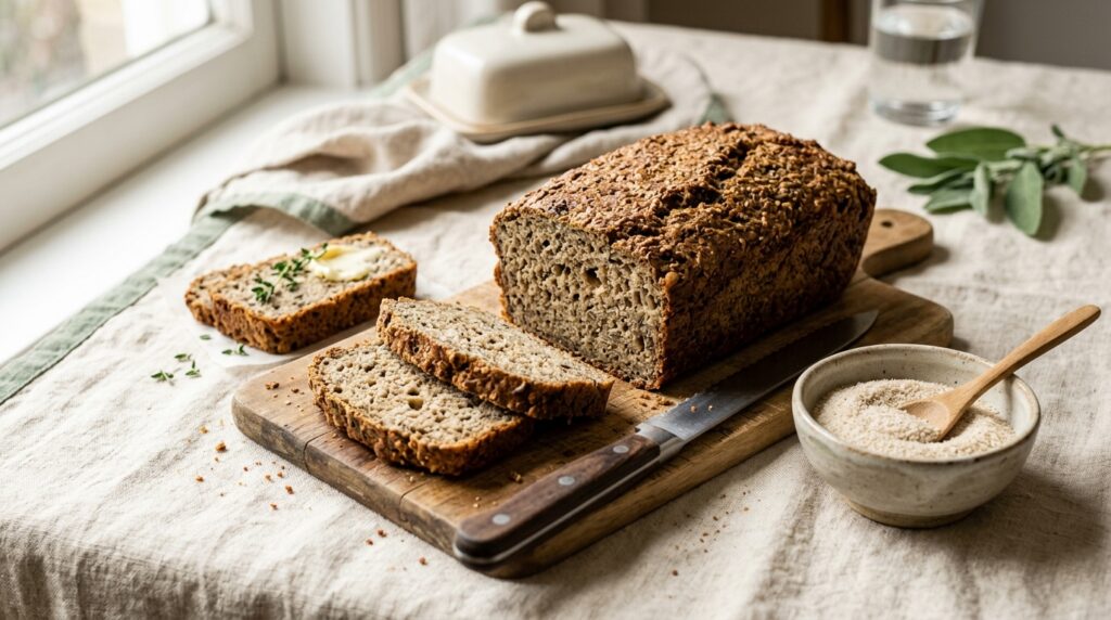 Psyllium husk beside sliced low-carb bread
