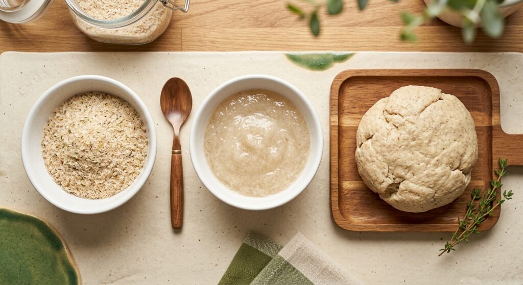 Psyllium seco y gel hidratado junto a ingredientes para preparar pan bajo en carbohidratos.