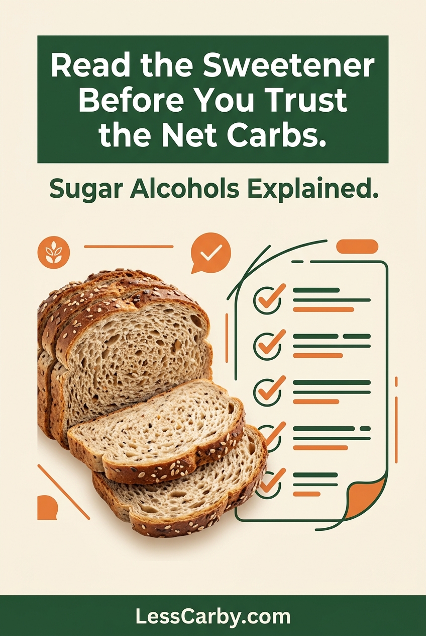 Pinterest graphic about checking the sweetener before trusting a low-carb bread net-carb claim