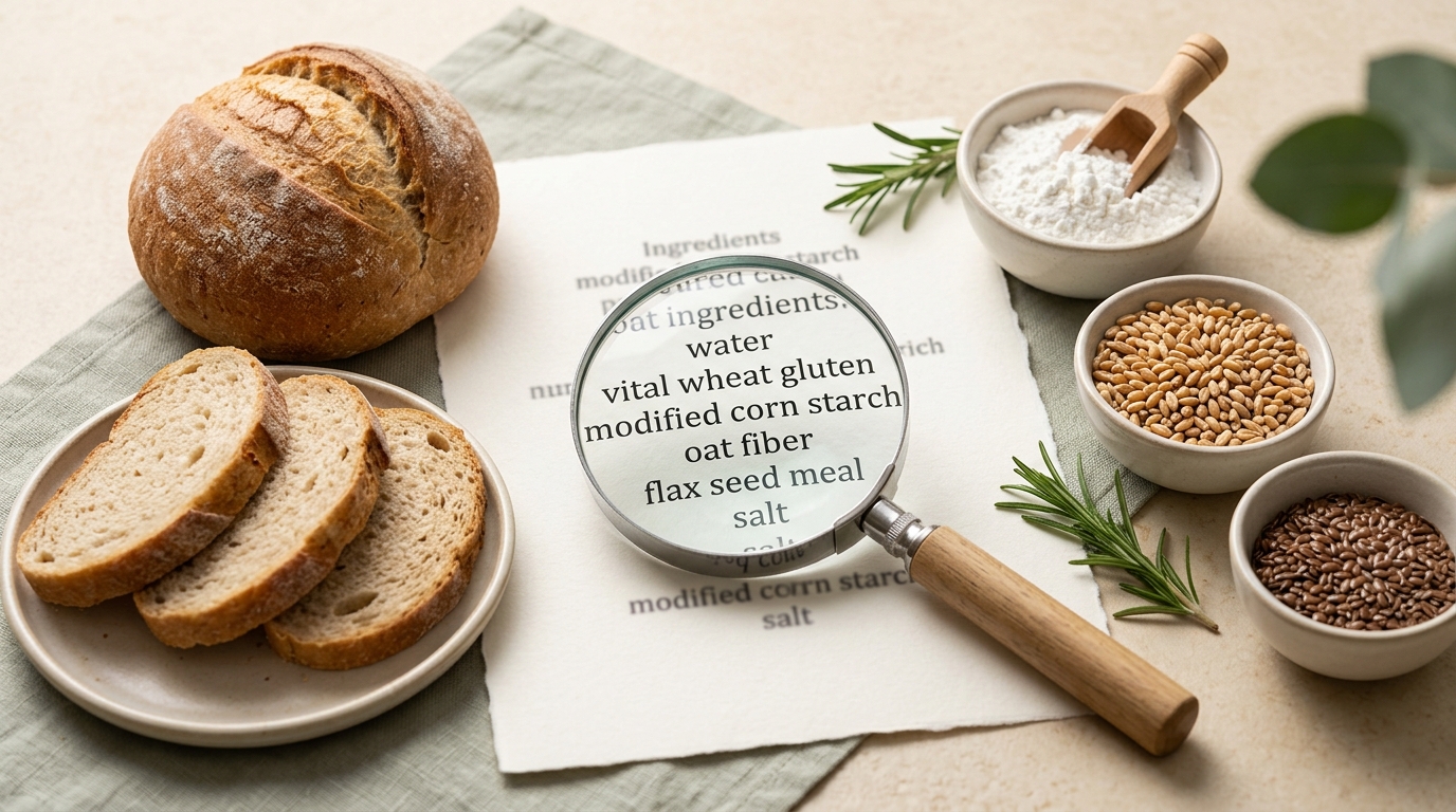 Magnifying glass beside sliced bread, wheat grains, and a generic ingredient list