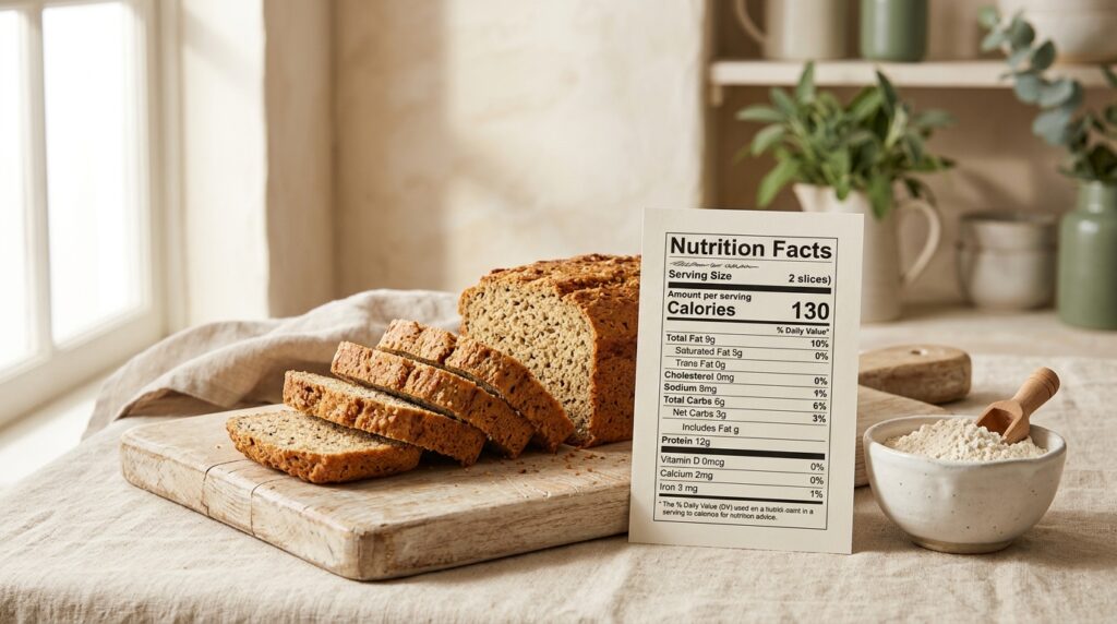 Sliced low-carb bread beside a nutrition-label checklist and a bowl of starch