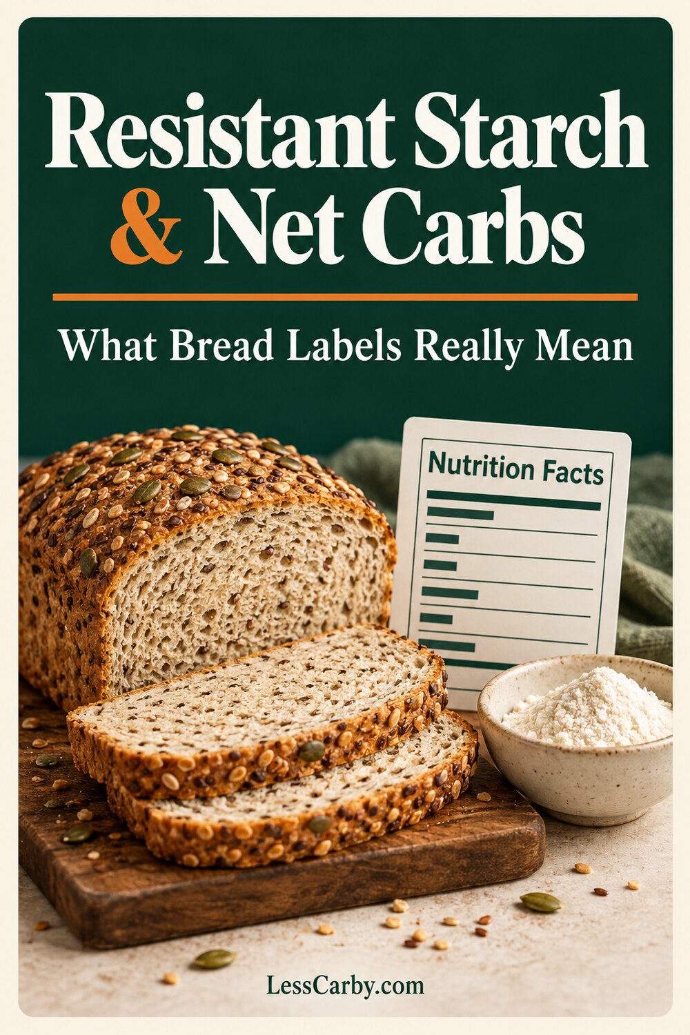 Pinterest graphic reading Resistant Starch and Net Carbs: What Bread Labels Really Mean
