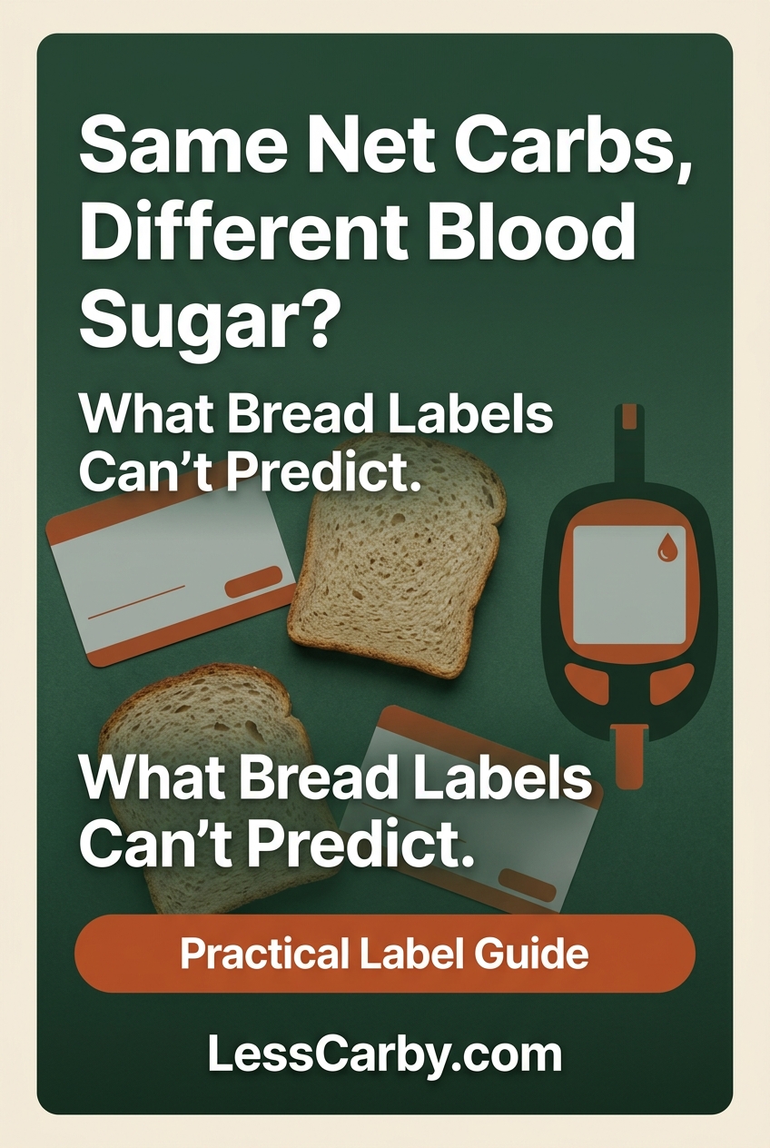 Pinterest graphic asking Same Net Carbs, Different Blood Sugar beside two bread slices and simplified labels