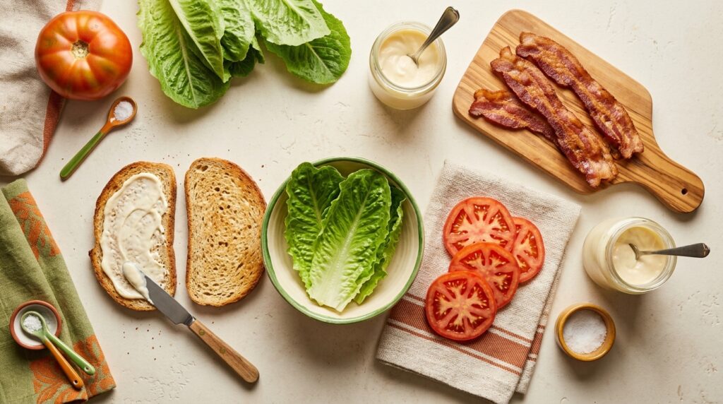 Pan tostado, tocino, lechuga y tomate para preparar un BLT