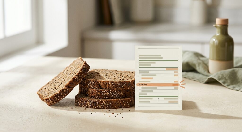 Sliced low-carb bread beside a generic nutrition label emphasizing sodium