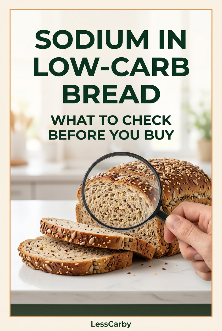 Pinterest graphic reading Sodium in Low-Carb Bread: What to Check Before You Buy