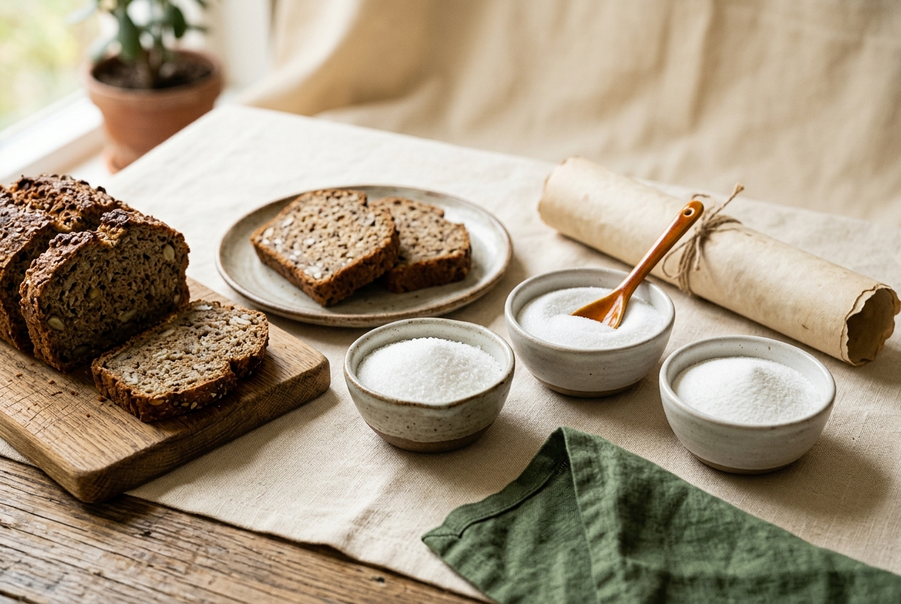 Slices of low-carb bread beside unlabeled bowls of different granulated sweeteners