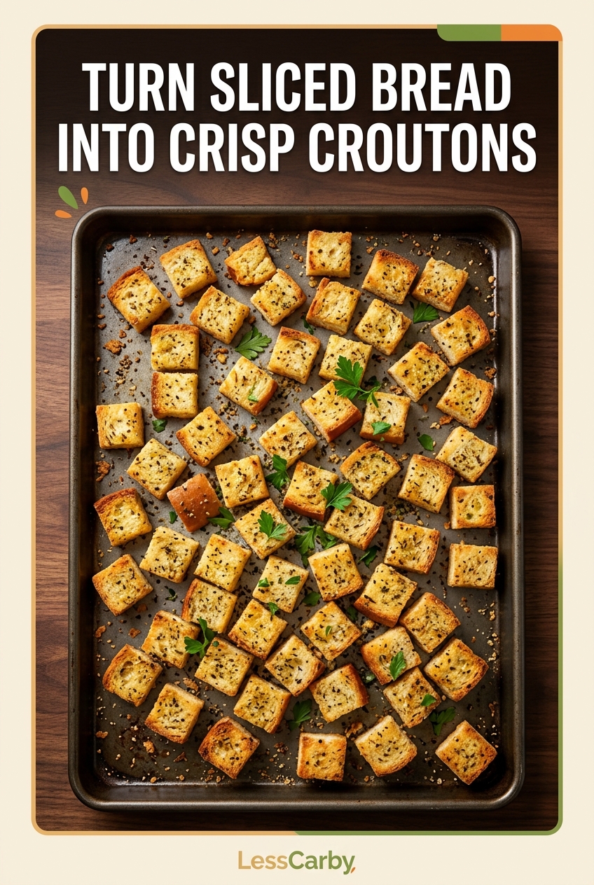 Pinterest graphic reading Turn Sliced Bread Into Crisp Croutons above seasoned bread cubes on a sheet pan