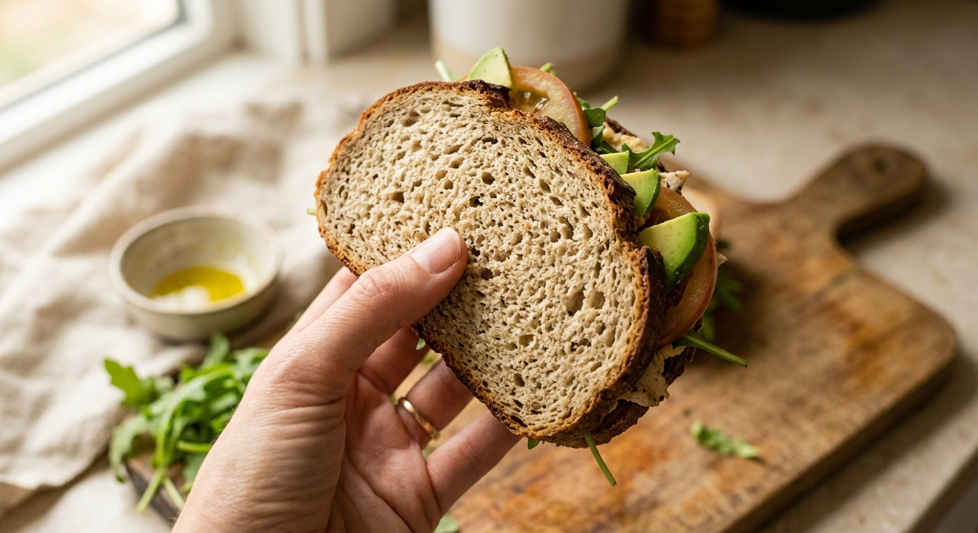 AI-generated illustration of a bread sandwich with avocado and greens; not an Unbun product photograph.