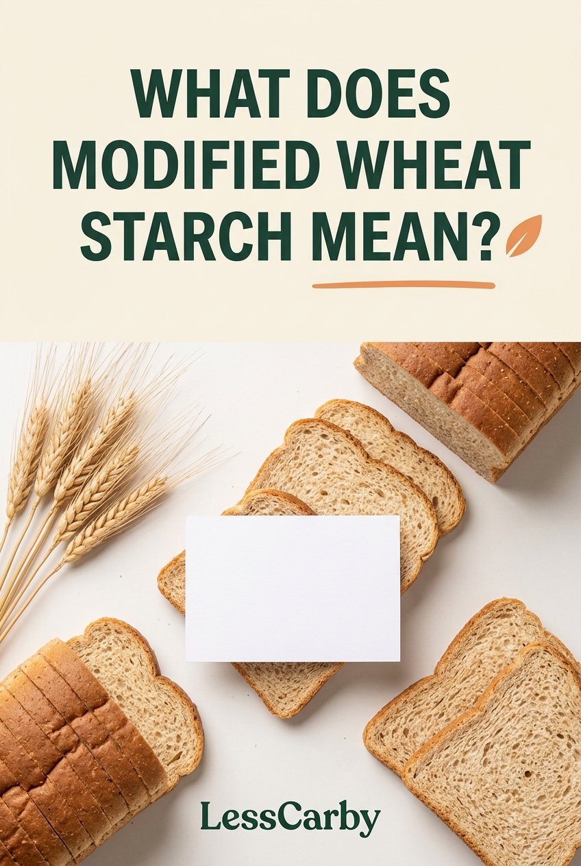 Pinterest graphic asking What Does Modified Wheat Starch Mean above bread slices and wheat