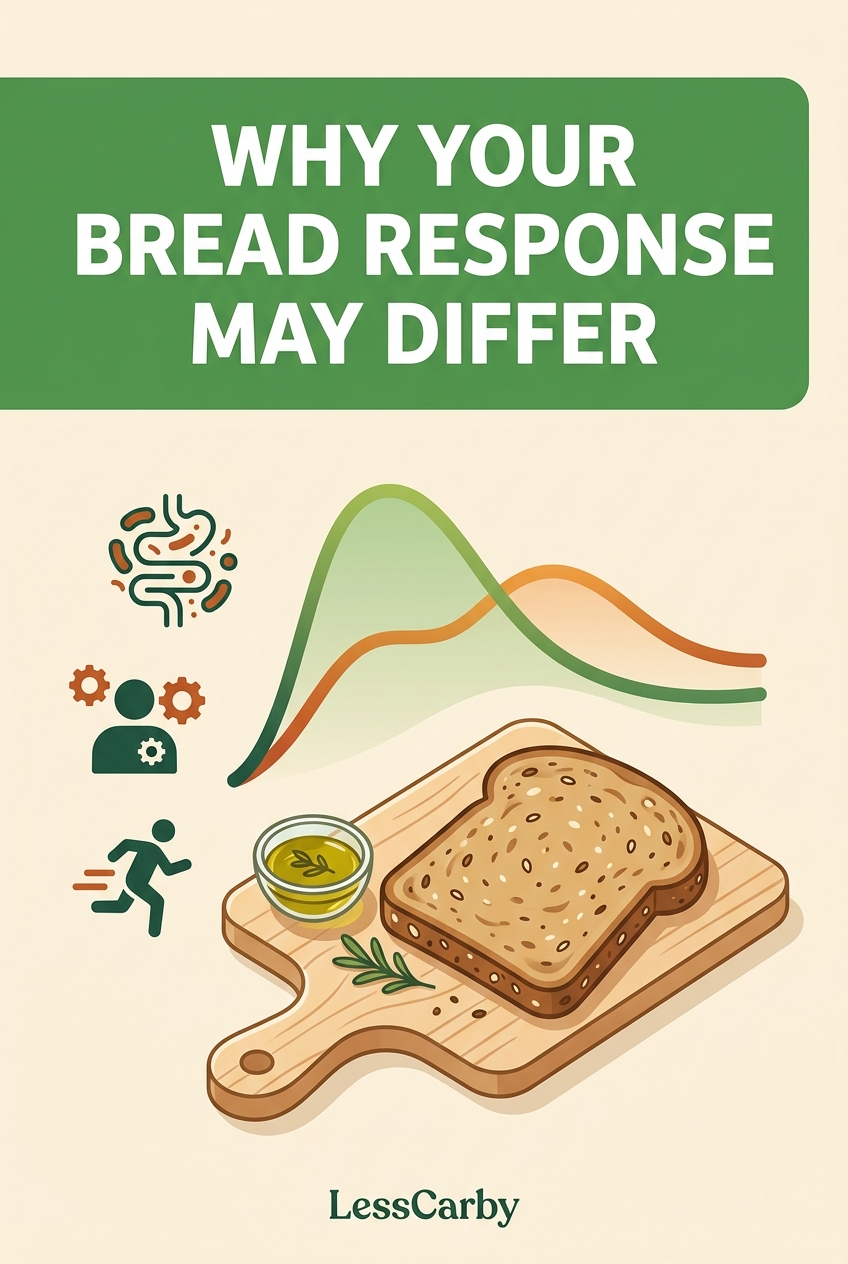 Pinterest graphic comparing two bread portions with a generic CGM trend display