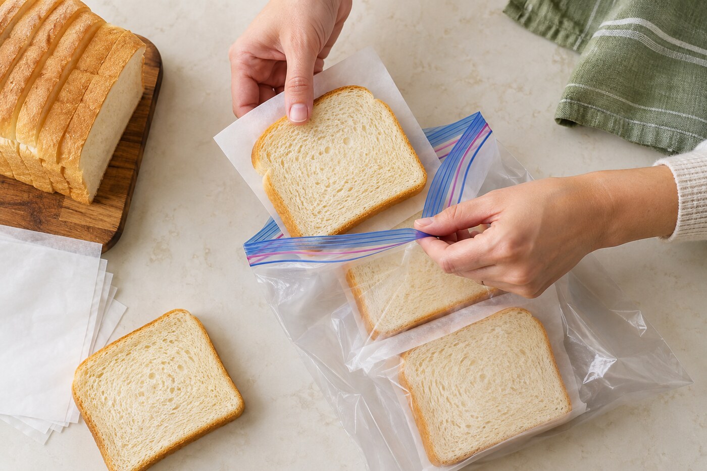 Bread slices separated with parchment being placed in a resealable freezer bag