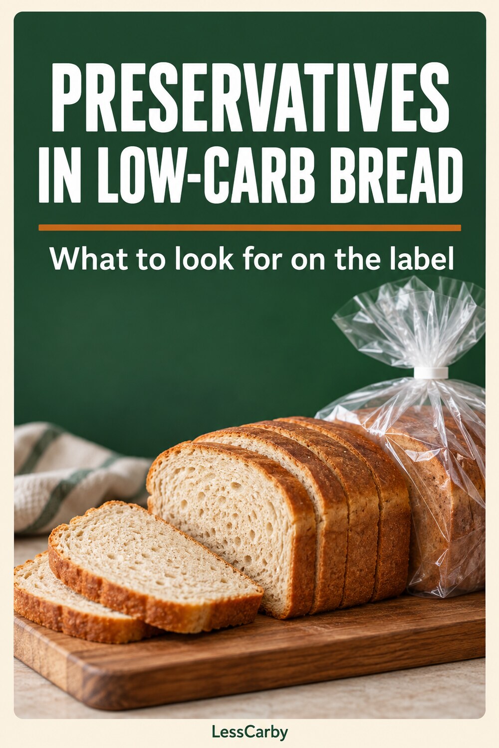 Bread slices and a clear bag with the headline Preservatives in Low-Carb Bread: What to Look For on the Label