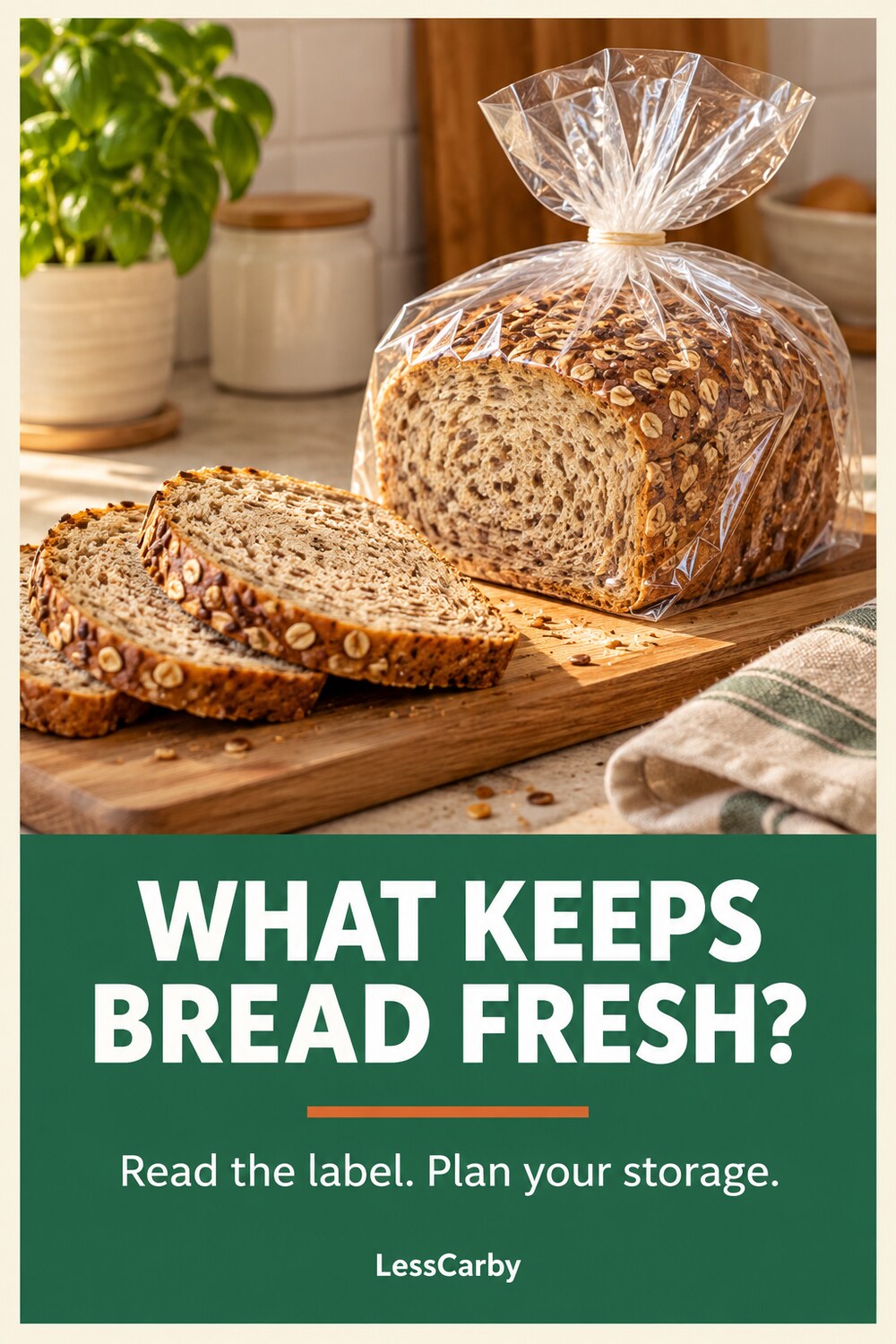 Bread slices beside a closed bag above the headline What Keeps Bread Fresh? Read the Label. Plan Your Storage.