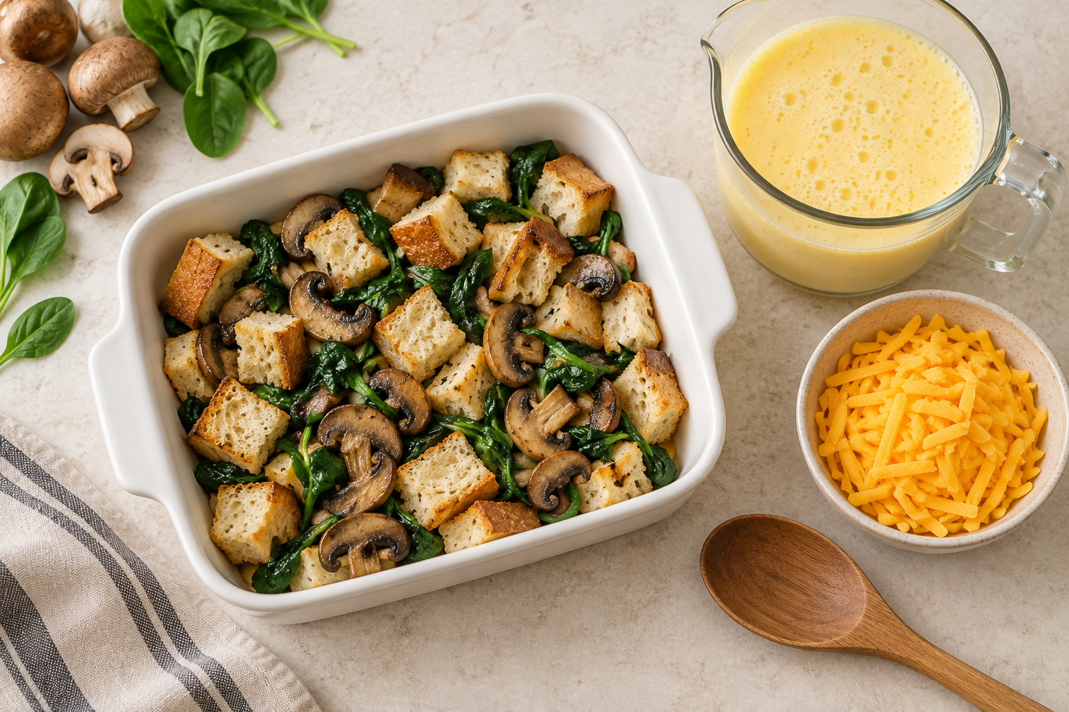 Bread cubes, cooked mushrooms, and spinach in a baking dish beside egg custard and grated cheddar