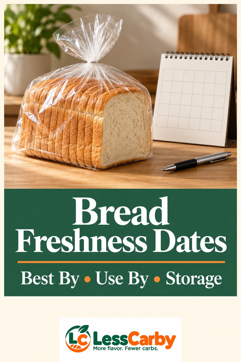 Bread Freshness Dates: Best By, Use By, Storage; bread bag beside a blank calendar.