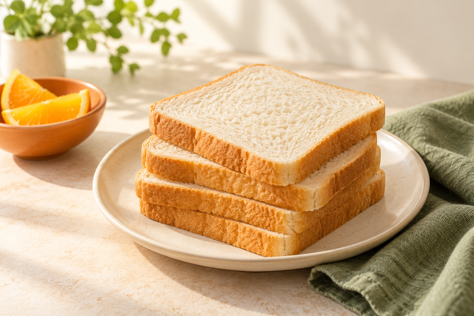 Rebanadas de pan blanco suave apiladas en un plato color crema