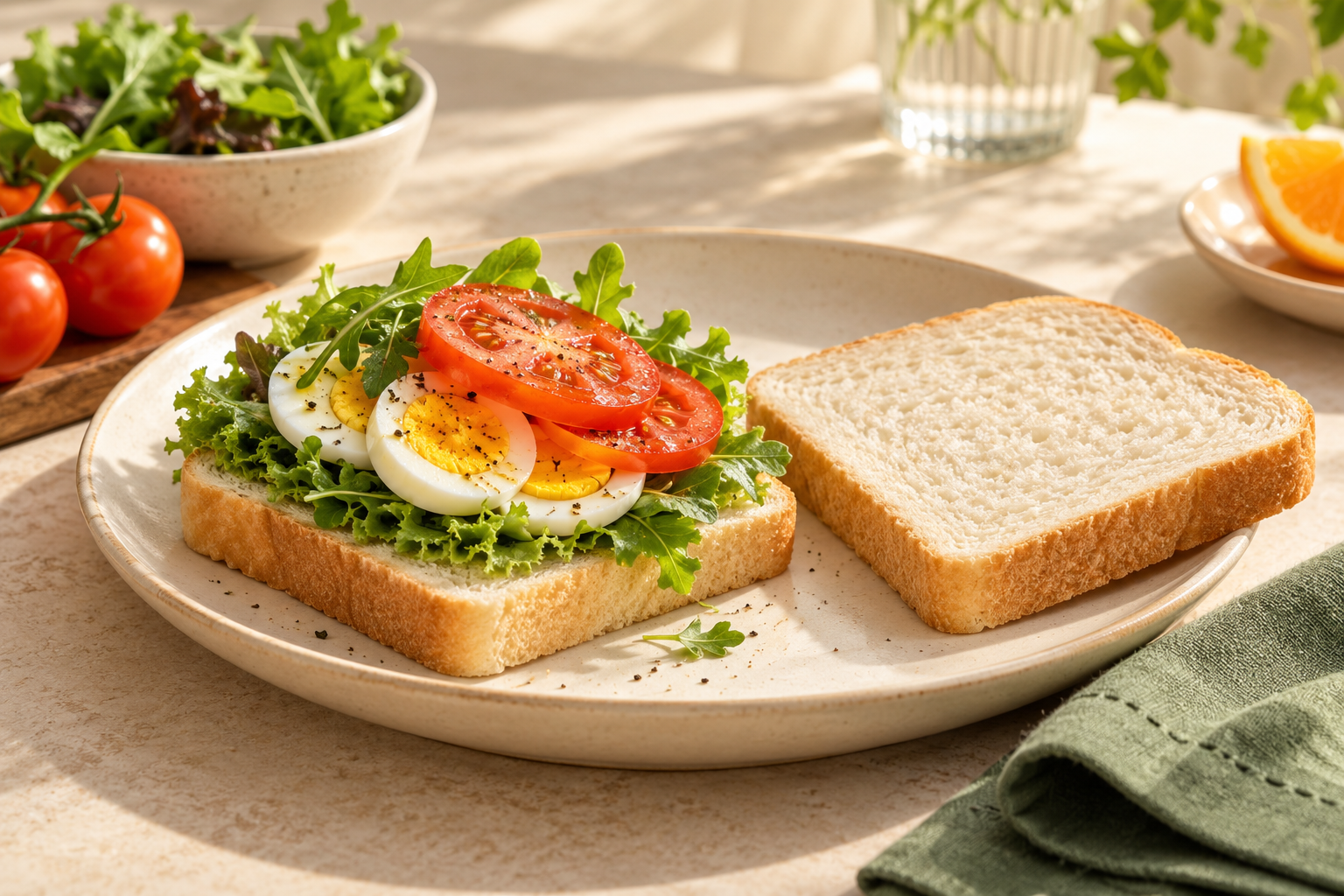 Open white bread sandwich with egg, leafy greens and tomato