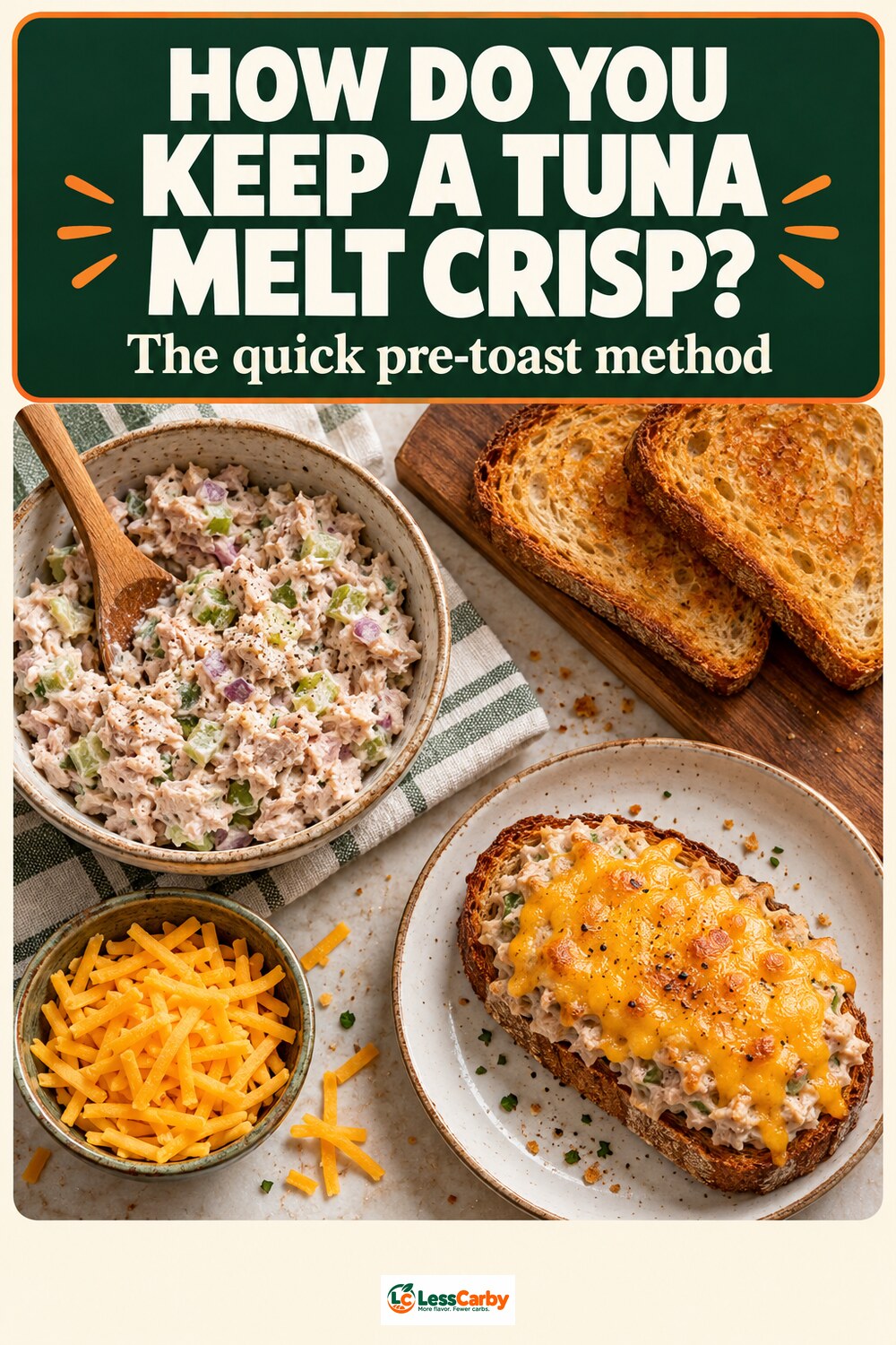 Pinterest graphic showing the pre-toast method for a crisp tuna melt