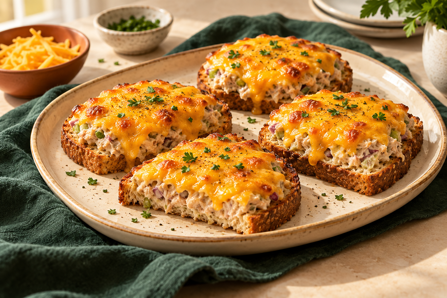 Four open-faced tuna melts with golden cheddar on toasted low-carb bread