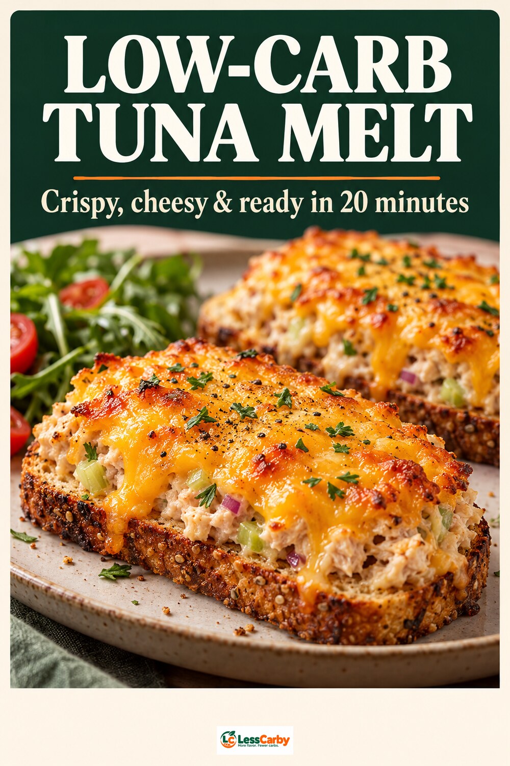 Pinterest graphic reading Low-Carb Tuna Melt above a golden open-faced tuna melt