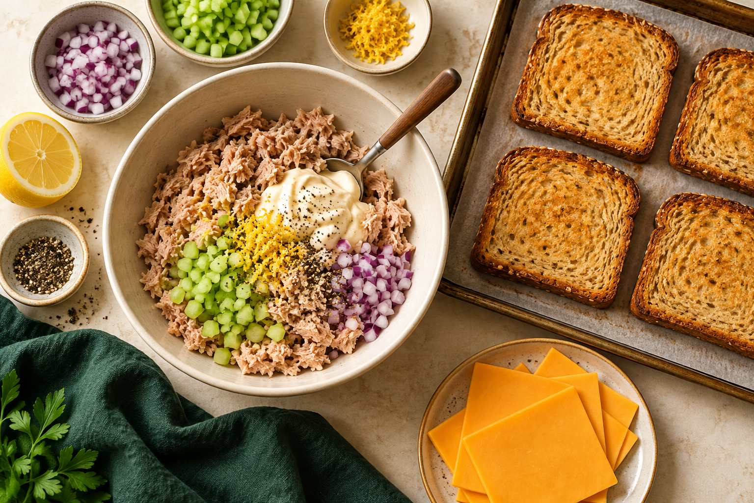 Tuna filling ingredients beside pre-toasted bread and cheddar