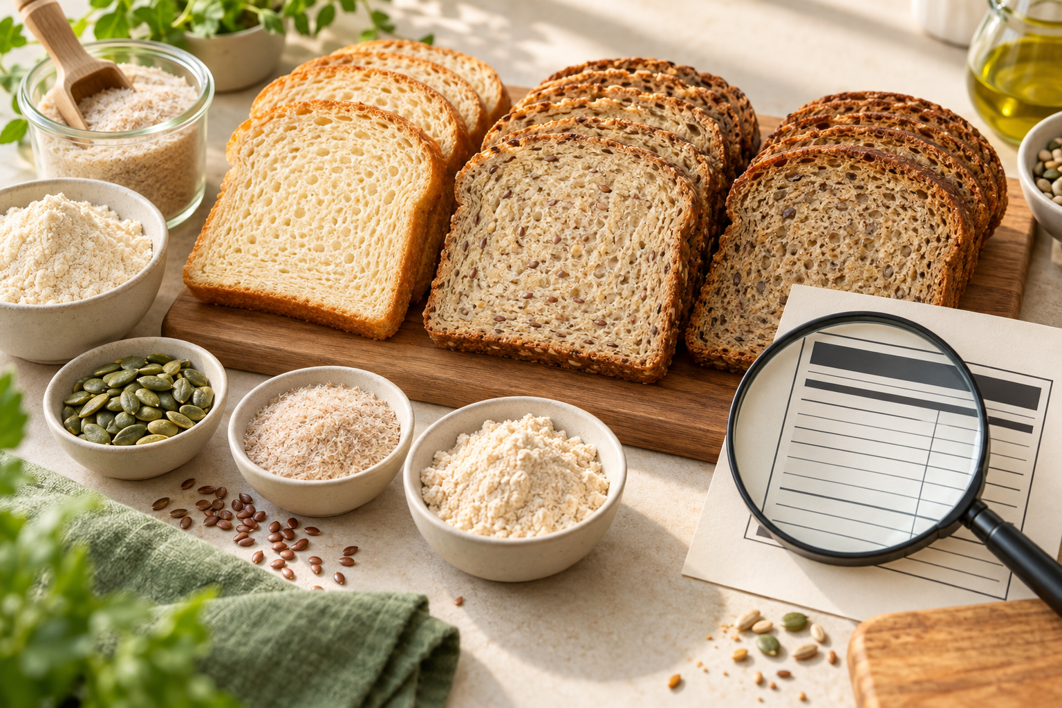 Sliced low-carb breads with fiber ingredients and a magnifying glass over a label