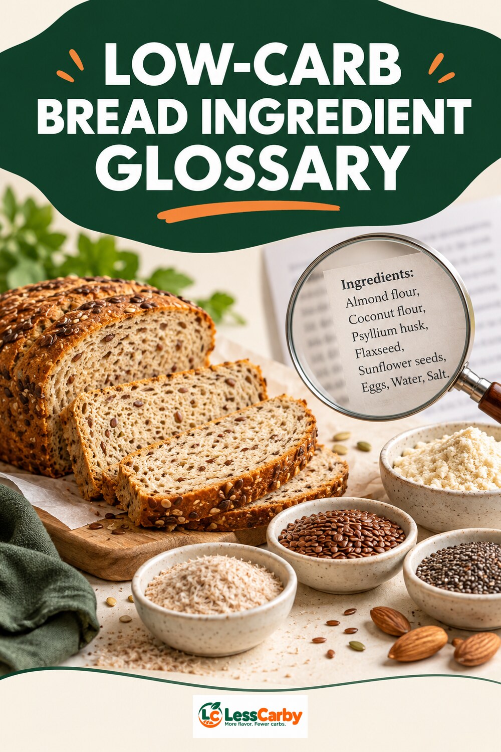 Pinterest graphic reading Low-Carb Bread Ingredient Glossary above bread and common fiber ingredients