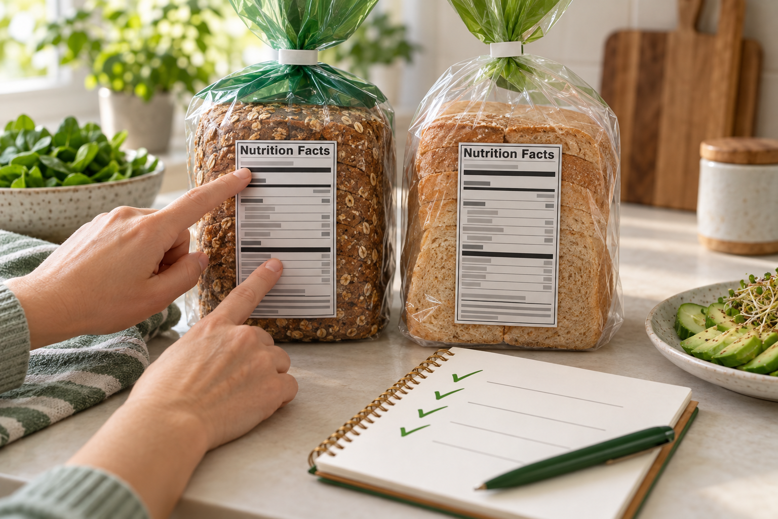 Two unbranded bread packages being compared by their nutrition labels
