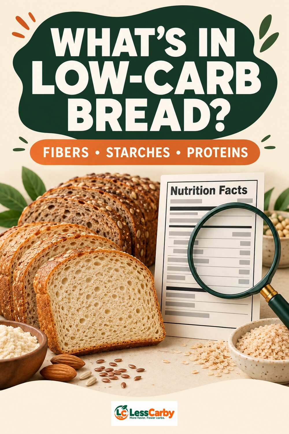 Pinterest graphic asking what is in low-carb bread with fibers, starches, and proteins