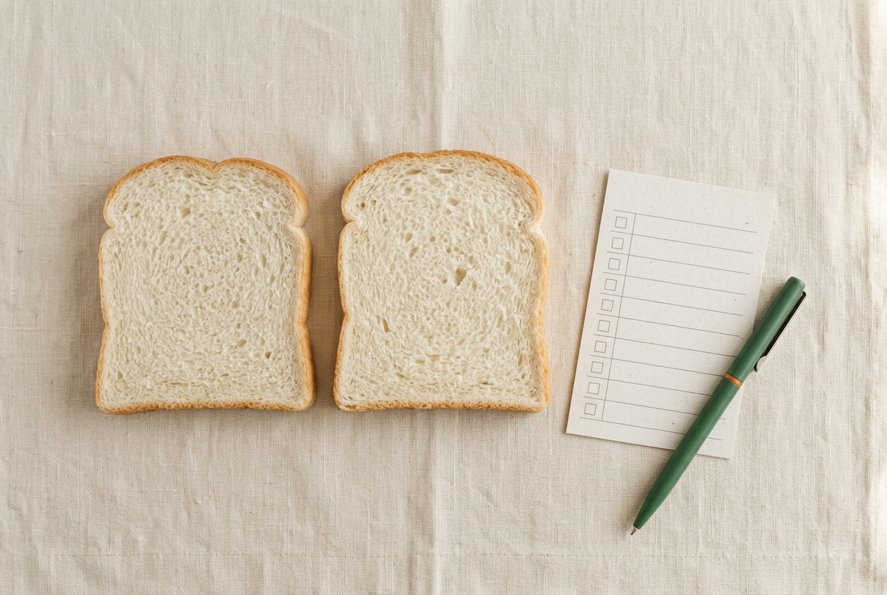 Low-carb bread slices beside a simple nutrition label checklist