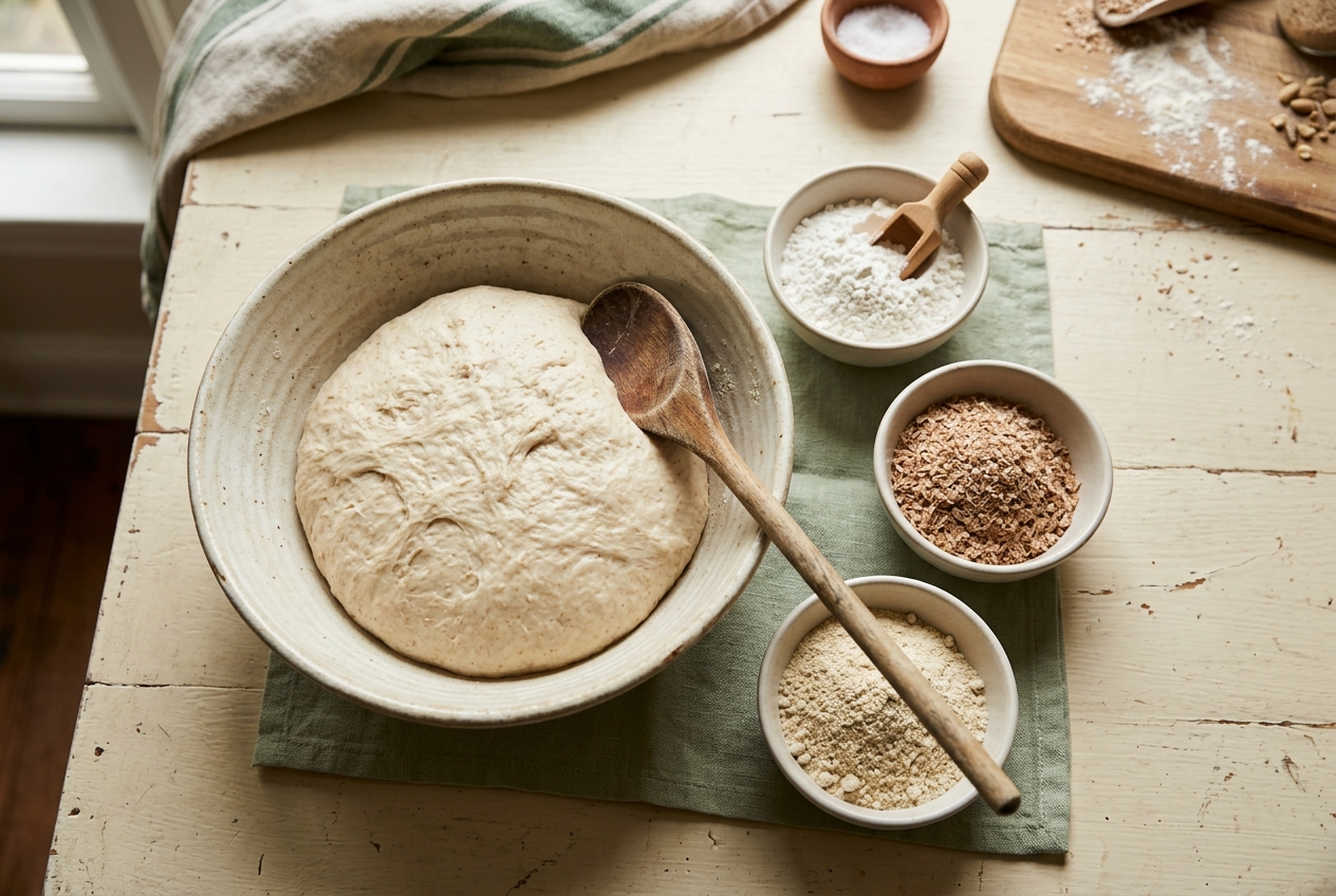 Bread dough and ingredient bowls illustrating how baking enzymes support dough structure