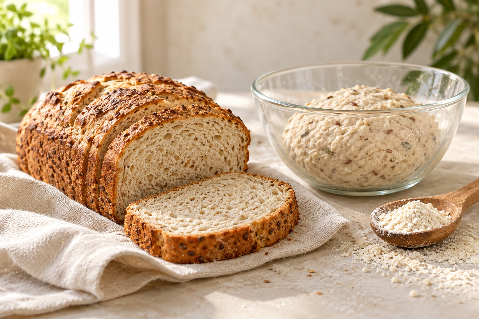 Sliced bread beside a bowl of dough and a wooden spoon of flour