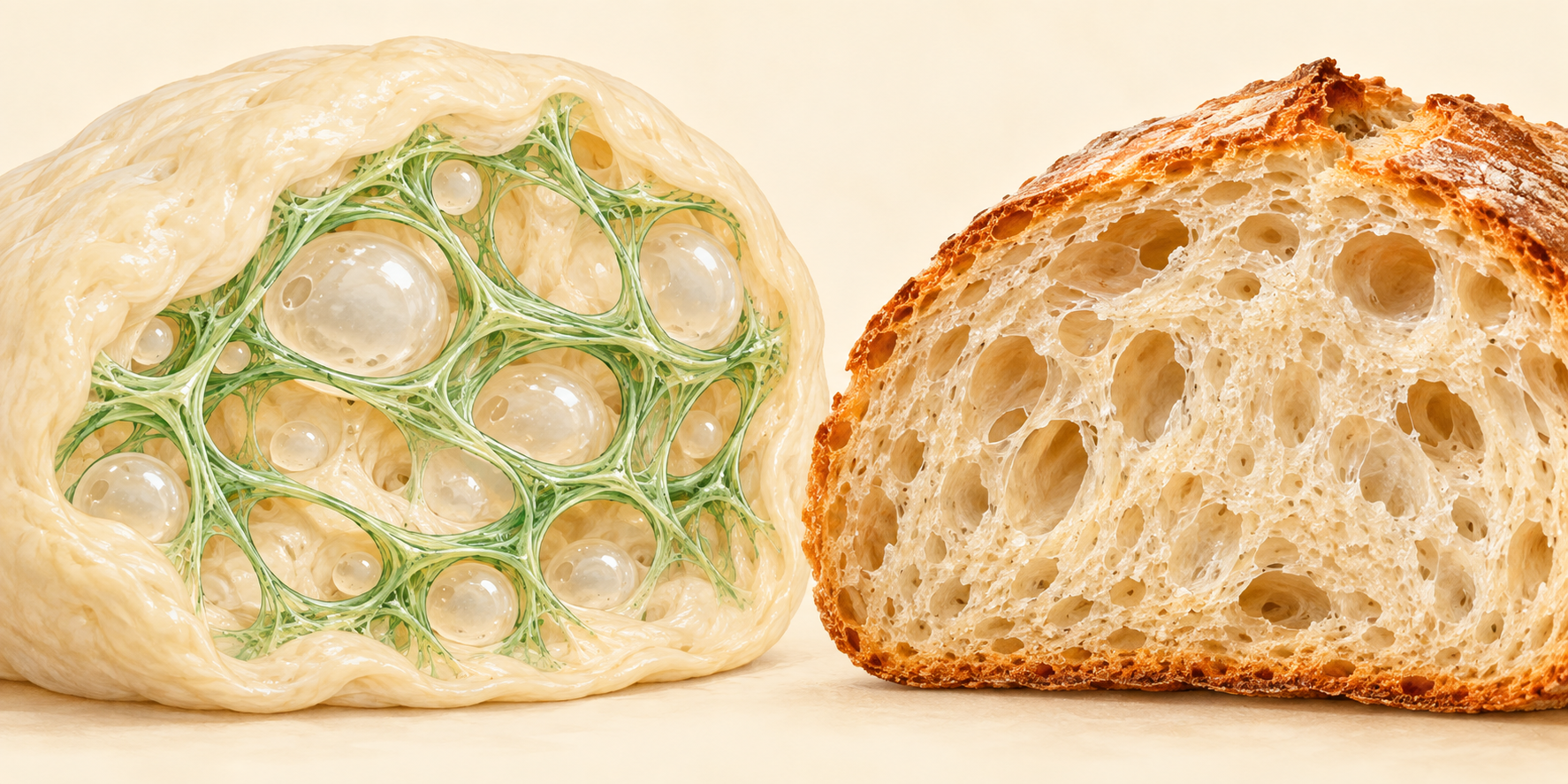Conceptual illustration of a dough network holding gas bubbles beside baked bread crumb